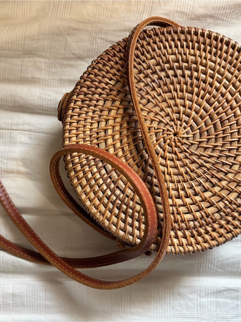 Round Woven Crossbody Bag in Tan with Leather Strap